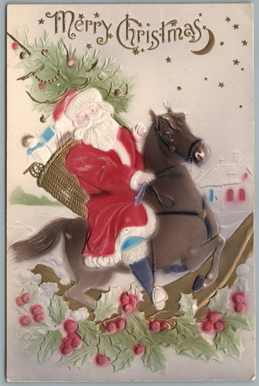 SANTA RIDING TOY HORSE MERRY CHRISTMAS EMBOSSED ANTIQUE POSTCARD