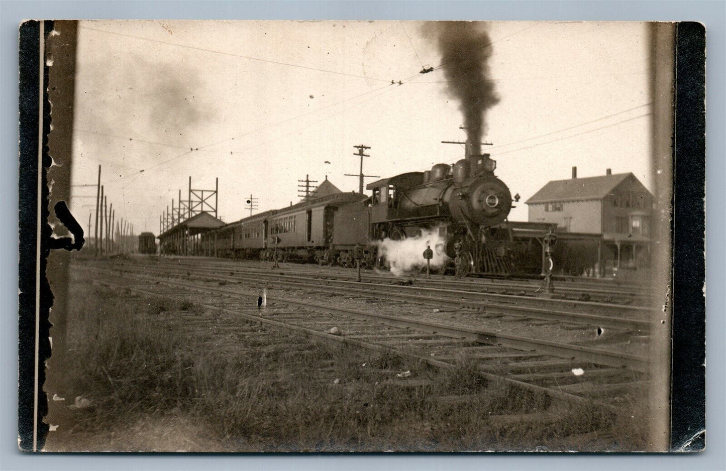 TRAIN AT RAILROAD STATION ANTIQUE REAL PHOTO POSTCARD RPPC railway DEPOT