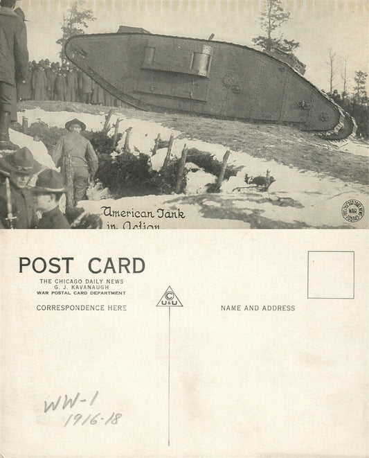 AMERICAN TANK IN ACTION WWI ANTIQUE POSTCARD