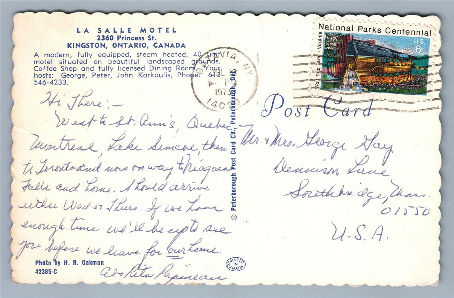 KINGSTON ONT CANADA LA SALLE MOTEL VINTAGE POSTCARD