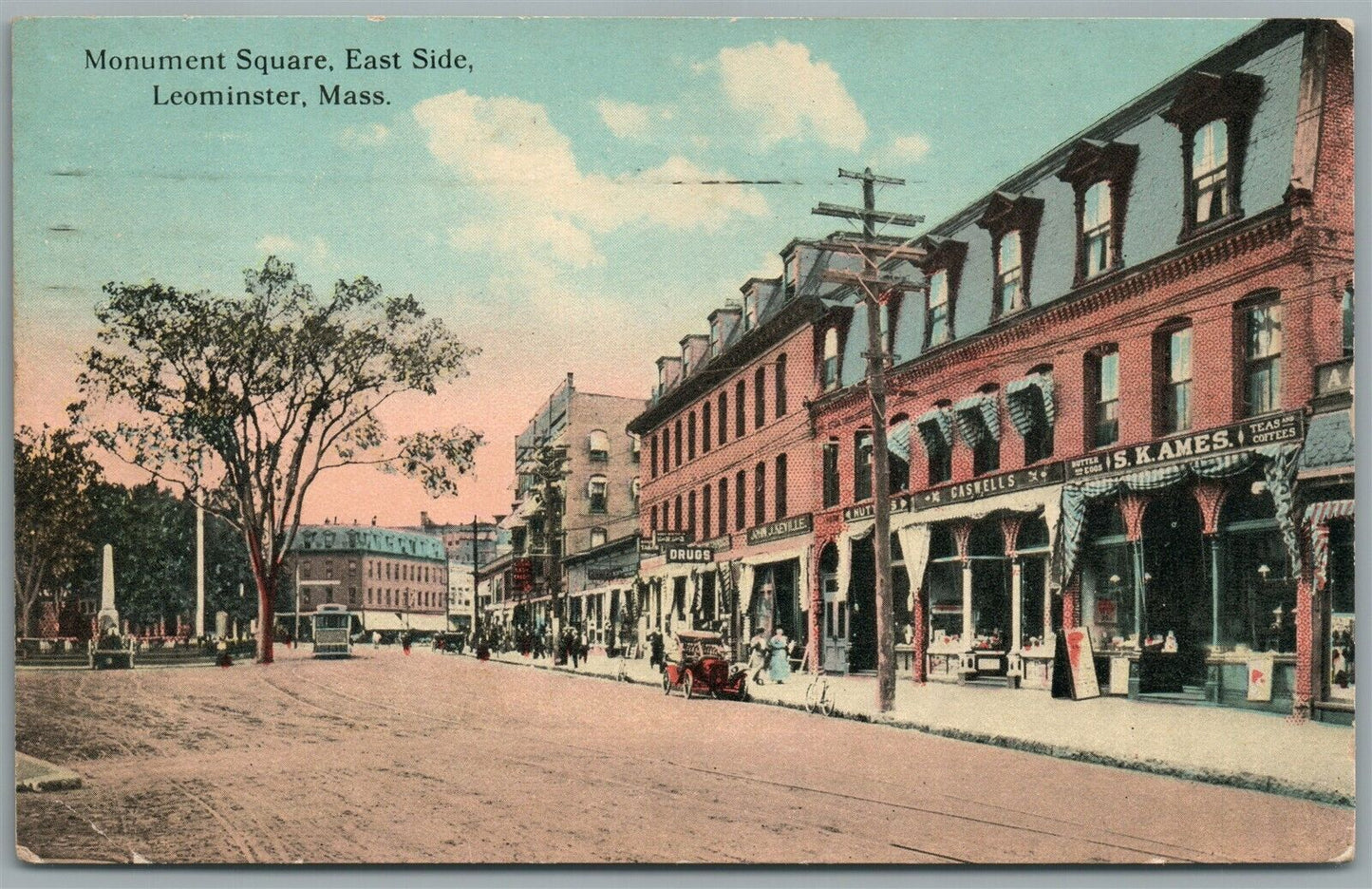 LEOMINSTER MA MONUMENT SQUARE EAST SIDE ANTIQUE POSTCARD