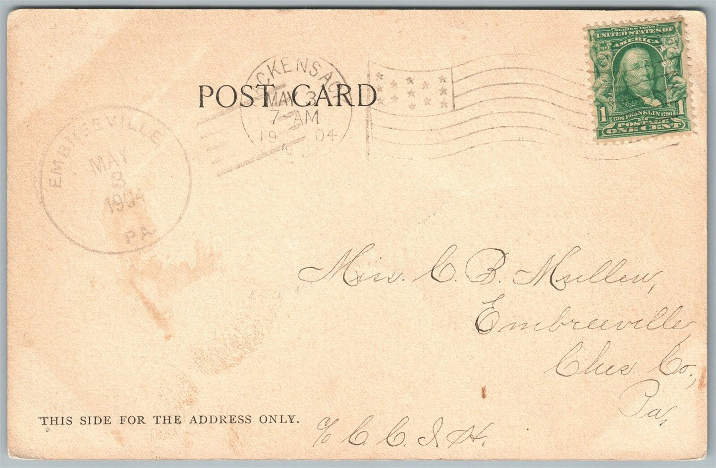 HACKENSACK NJ (?) HIGH SCHOOL 1904 UNDIVIDED ANTIQUE POSTCARD