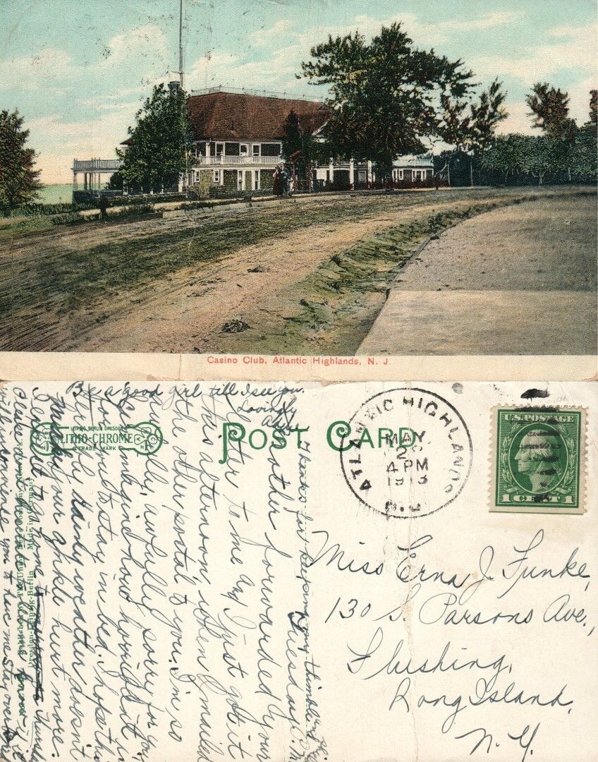ATLANTIC HIGHLANDS N.J. CASINO CLUB 1913 ANTIQUE POSTCARD
