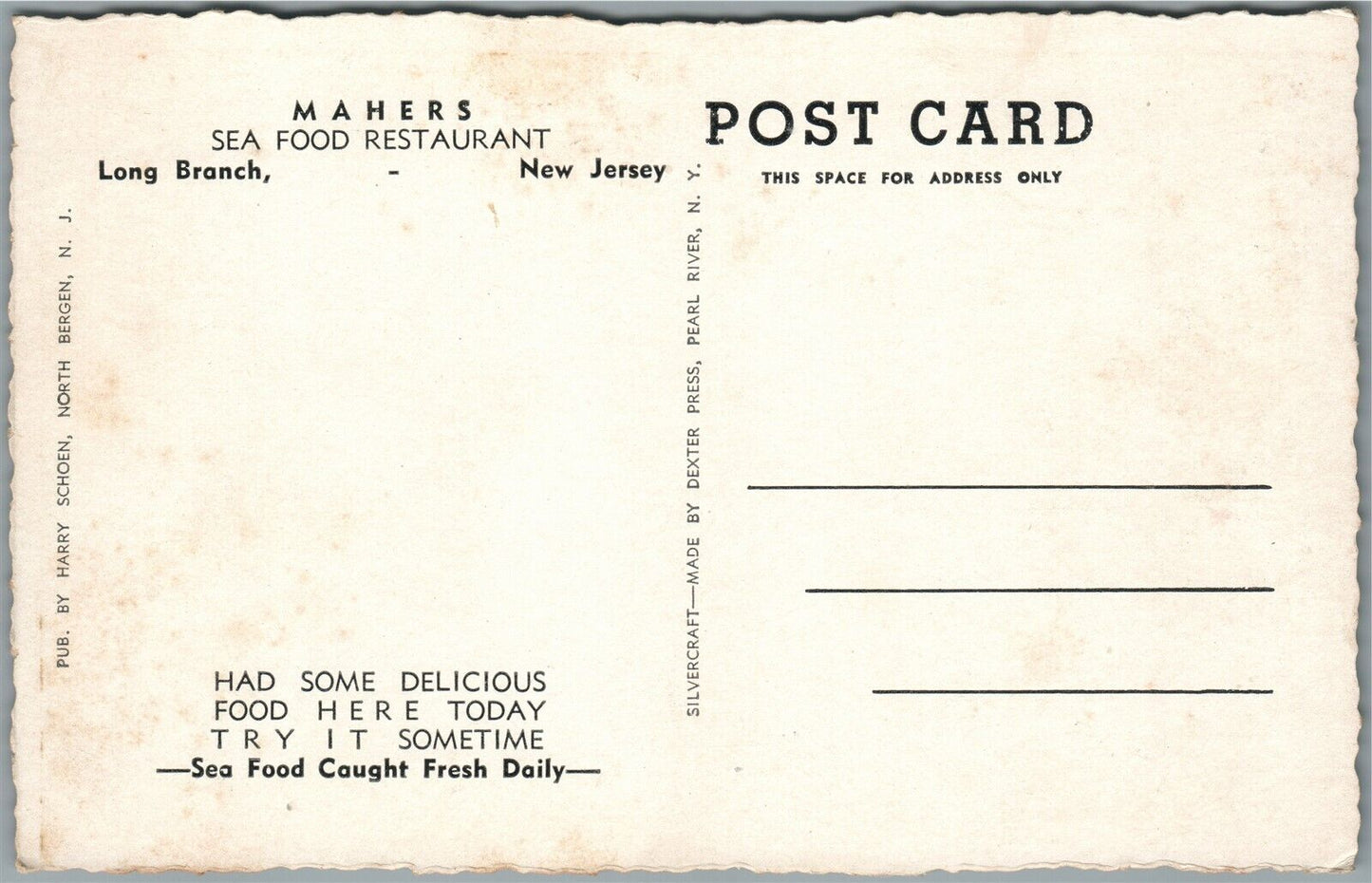 LONG BRANCH NJ MAHER'S RESTAURANT VINTAGE POSTCARD