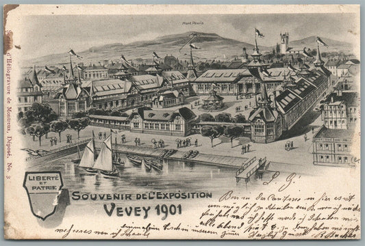 SWITZERLAND EXPOSITION VEVEY 1901 ANTIQUE POSTCARD w/ STAMP