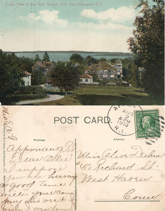 EAST GREENWICH R.I. BAY VIEW SPENCER AVENUE 1910 ANTIQUE POSTCARD CORK CANCEL