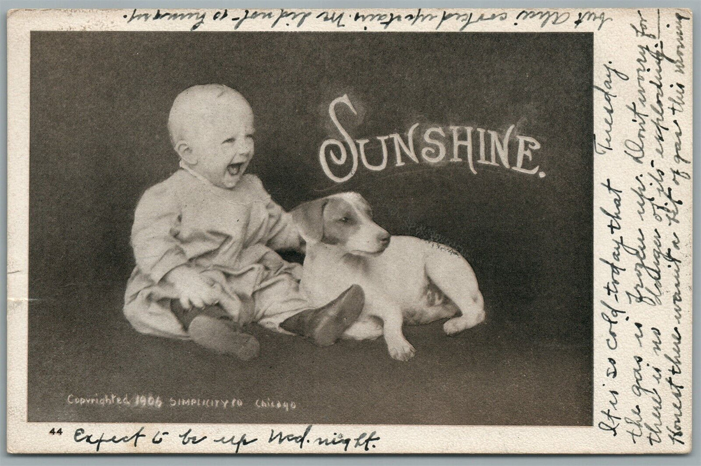 BABY W/ DOG ANTIQUE POSTCARD