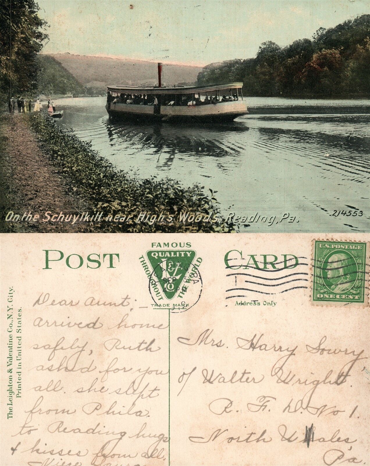 READING PA ON SCHUYLKILL NEAR HIGH WOODS BOAT ANTIQUE POSTCARD