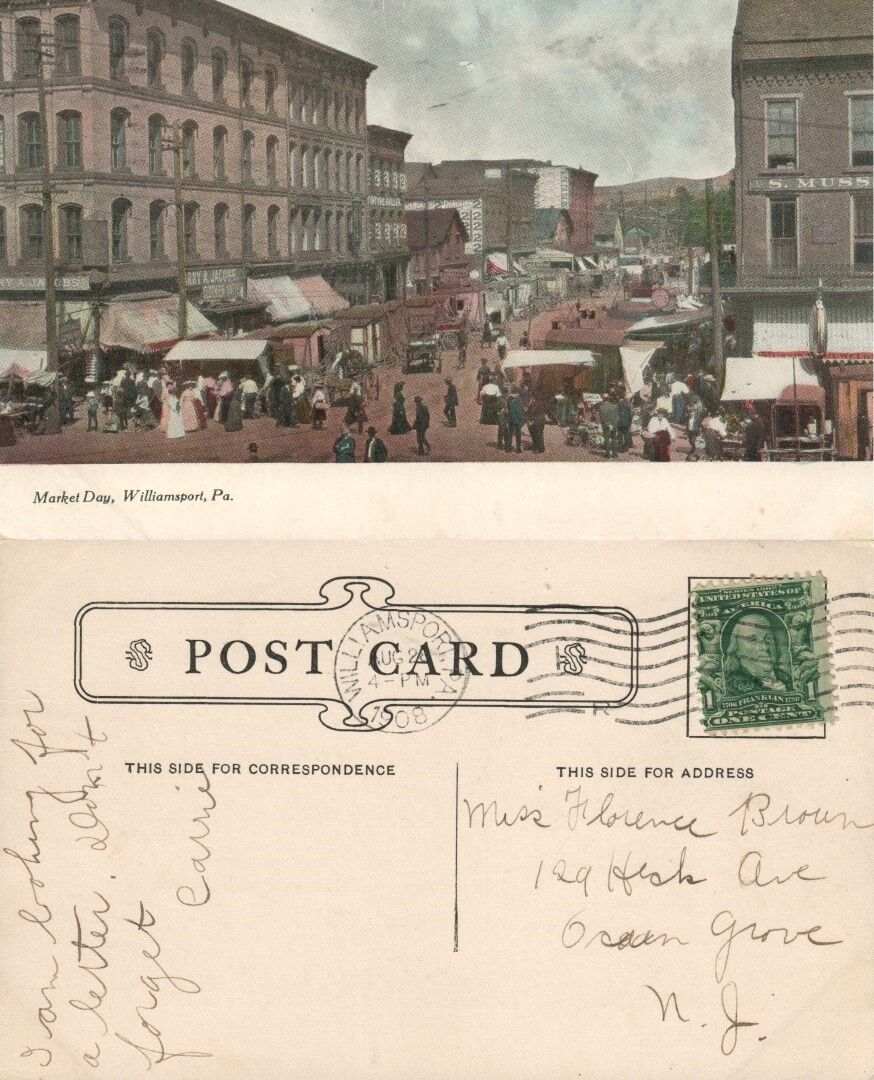 WILLIAMSPORT PA MARKET DAY 1908 ANTIQUE POSTCARD
