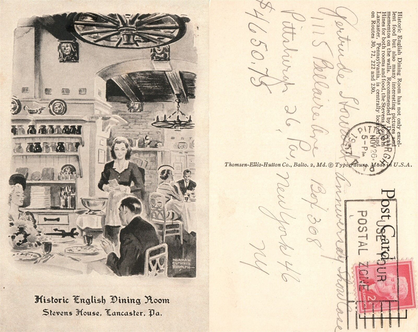 LANCASTER PA STEVENS HOUSE RESTAURANT ENGLISH DINING ROOM 1957 VINTAGE POSTCARD