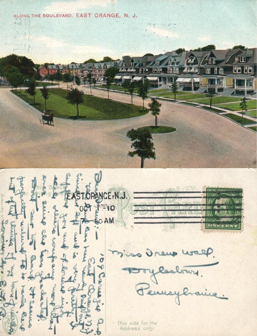 EAST ORANGE N.J. ALONG THE BOULEVARD 1910 ANTIQUE POSTCARD