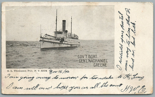 FISHER'S ISLAND NY GOV'T BOAT GEN'L NATHANIEL GREENE ANTIQUE POSTCARD