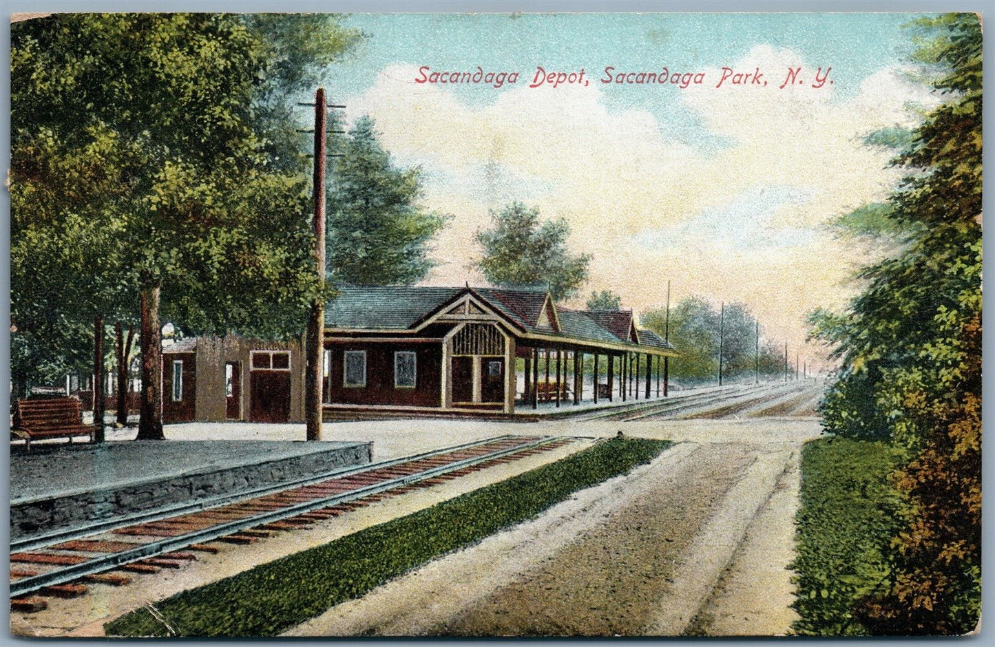SACANDAGA PARK NY RAILROAD STATION 1909 UNDIVIDED ANTIQUE POSTCARD railway depot
