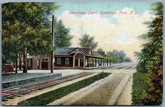 SACANDAGA PARK NY RAILROAD STATION 1909 UNDIVIDED ANTIQUE POSTCARD railway depot