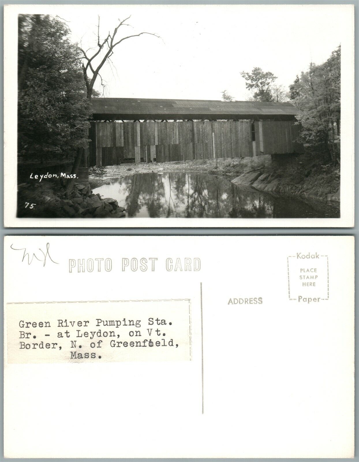 LEYDON COVERED BRIDGE VINTAGE REAL PHOTO POSTCARD RPPC GREEN RIVER PUMPING STA