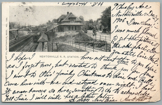 NEWTONVILLE MA RAILROAD DEPOT RAILWAY TRAIN STATION ANTIQUE POSTCARD