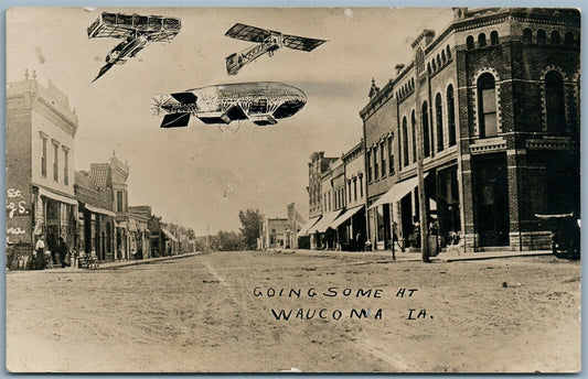 PHOTOMONTAGE ZEPPELIN AIRPLANE WAUCOMA IA ANTIQUE REAL PHOTO PC RPPC AVIATION