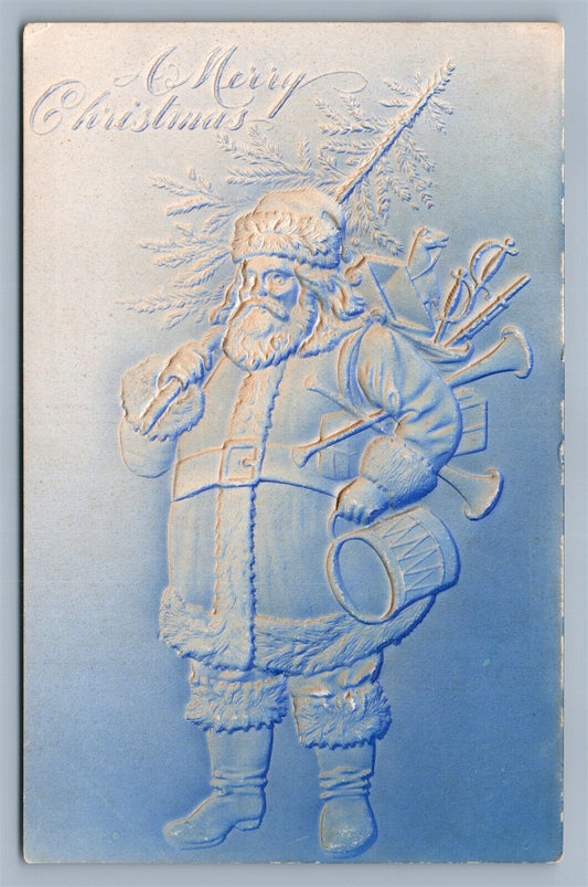 SANTA w/ TOYS DRUM CHRISTMAS TREE ANTIQUE EMBOSSED POSTCARD
