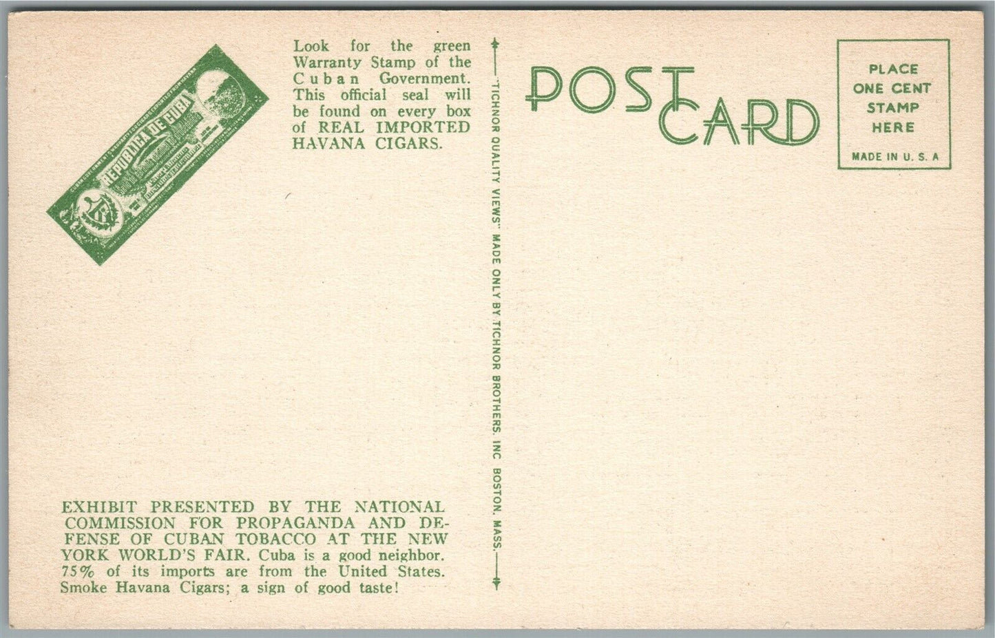 NEW YORK WORLD'S FAIR CIGARS ADVERTISING VINTAGE POSTCARD