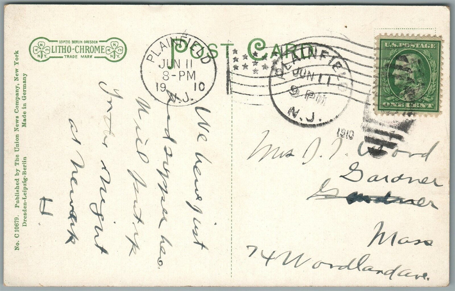 PLAINFIELD NJ PARK AVENUE ANTIQUE POSTCARD