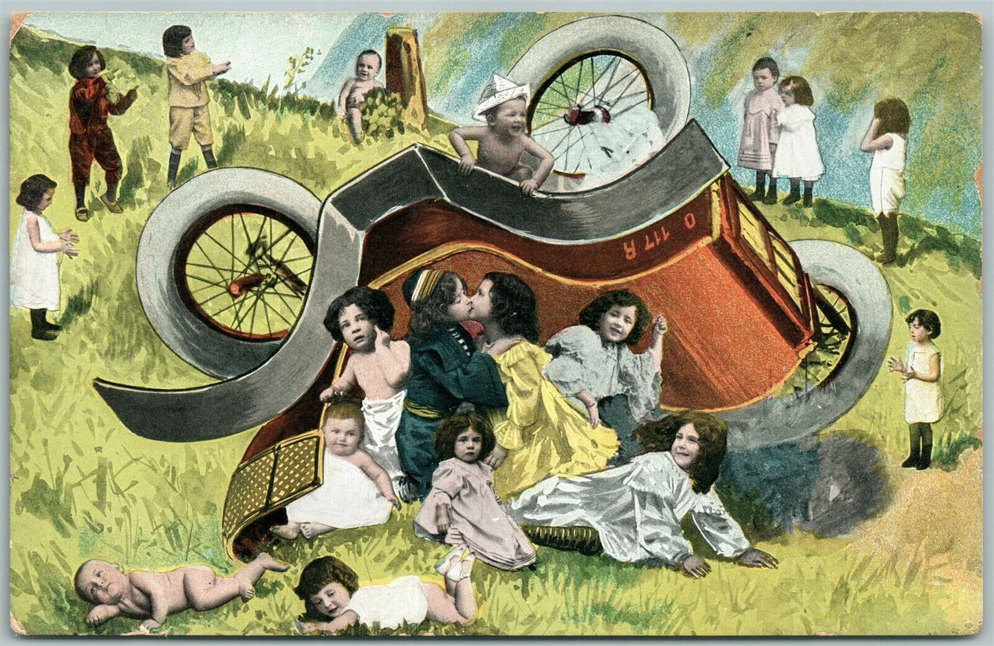 MULTIPLE BABIES CAR ACCIDENT ANTIQUE POSTCARD