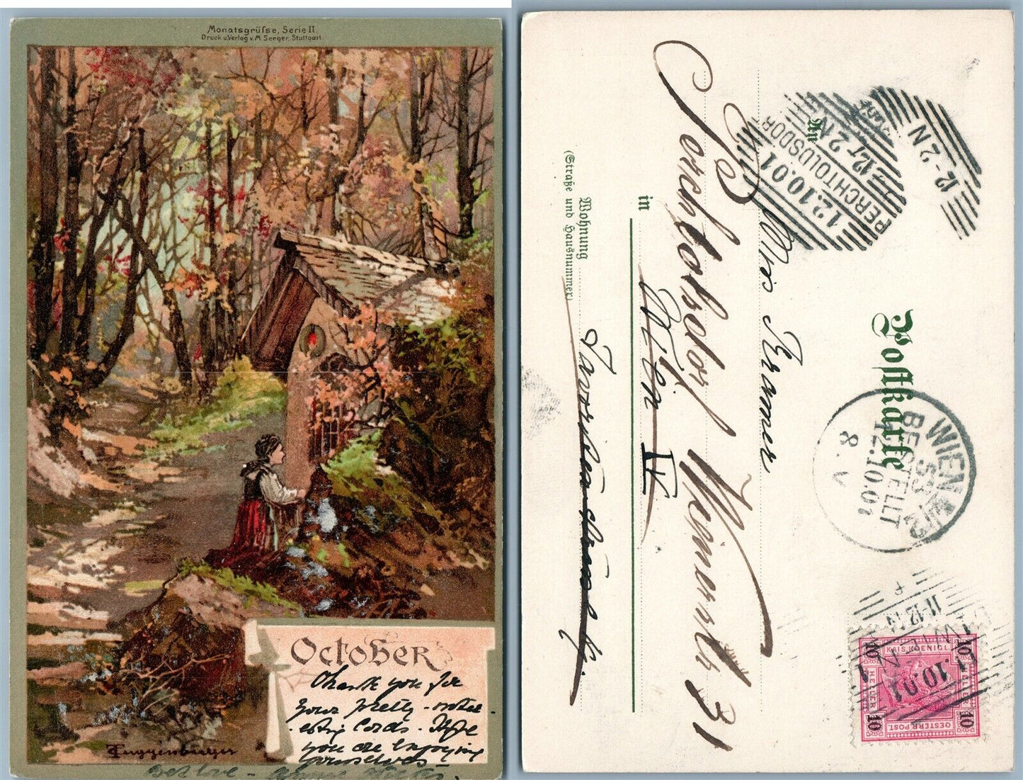 ARTIST SIGNED OCTOBER SCENE 1901 ANTIQUE GERMAN POSTCARD w/ STAMP