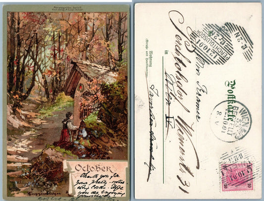 ARTIST SIGNED OCTOBER SCENE 1901 ANTIQUE GERMAN POSTCARD w/ STAMP