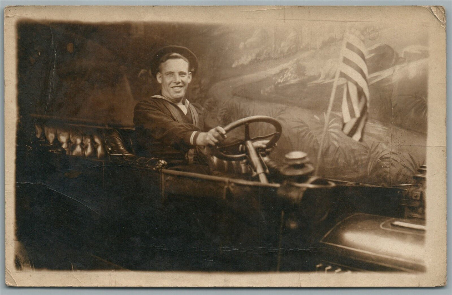 US NAVY w/ AMERICAN FLAG PATRIOTIC VINTAGE REAL PHOTO POSTCARD RPPC