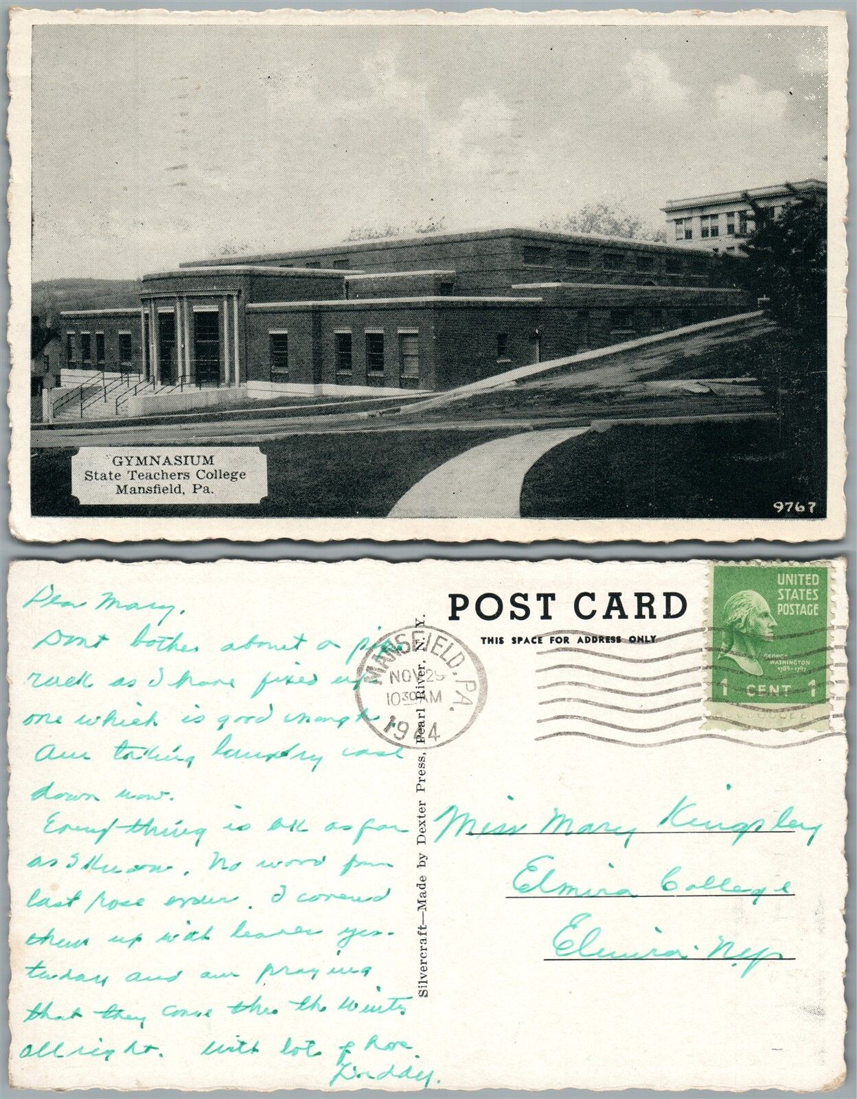 MANSFIELD PA GYMNASIUM STATE TEACHERS COLLEGE 1944 VINTAGE POSTCARD