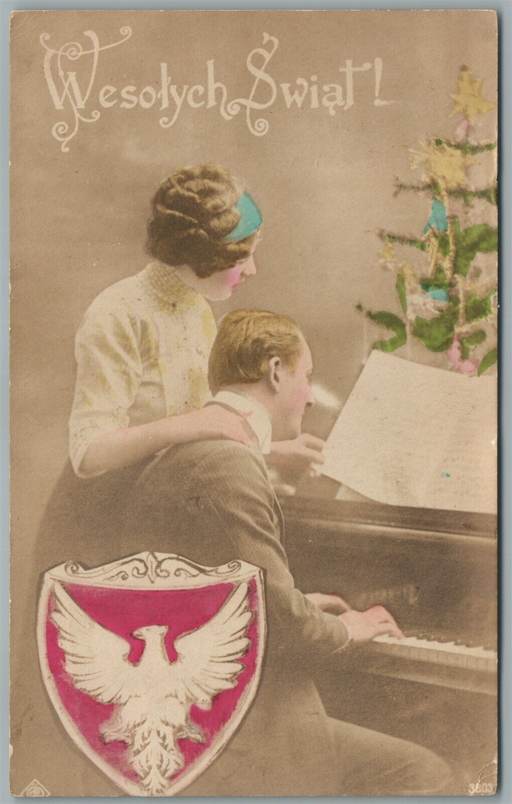 NEW YEAR CHRISTMAS ANTIQUE REAL PHOTO POSTCARD RPPC w/ POLISH EAGLE
