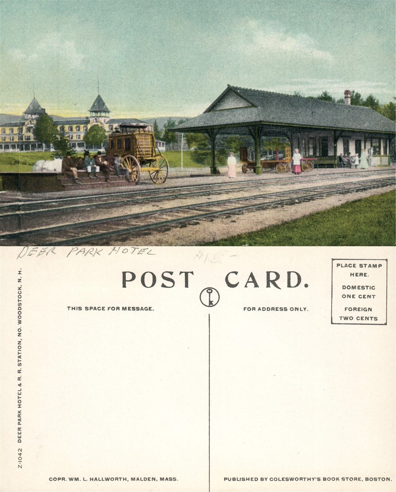 NORTH WOODSTOK RAILWAY STATION ANTIQUE POSTCARD RAILROAD DEPOT DEER PARK HOTEL