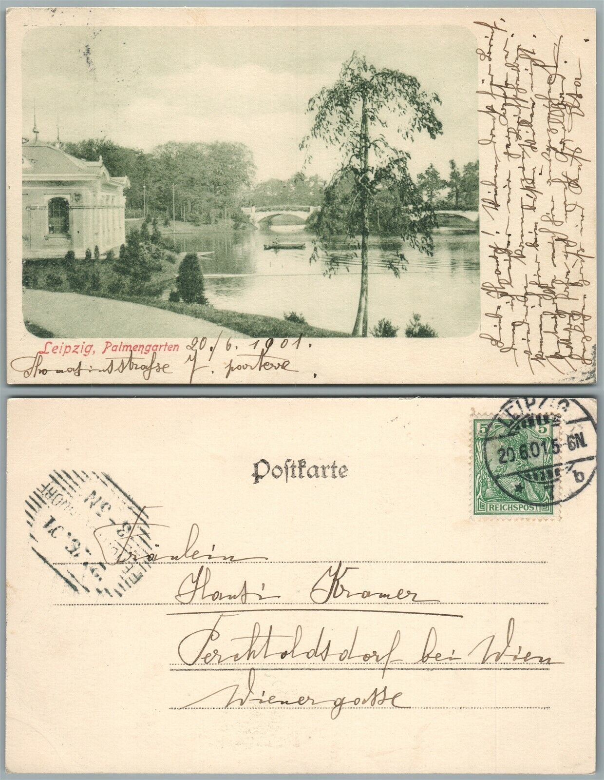 LEIPZIG PALMENGARTEN GERMANY 1901 ANTIQUE POSTCARD w/ STAMP
