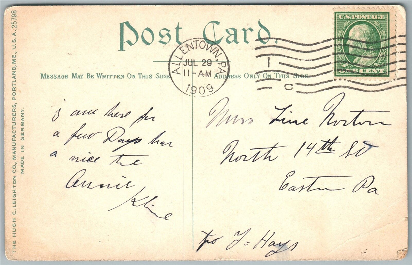 ALLENTOWN PA VIEW FROM EAST 1909 ANTIQUE POSTCARD