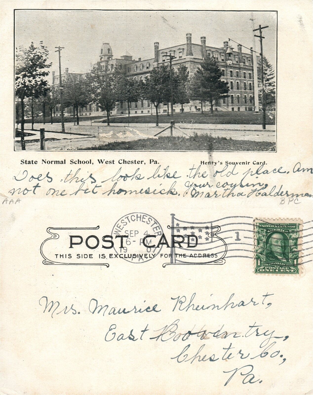 WEST CHESTER PA STATE NORMAL SCHOOL 1907 UNDIVIDED ANTIQUE POSTCARD