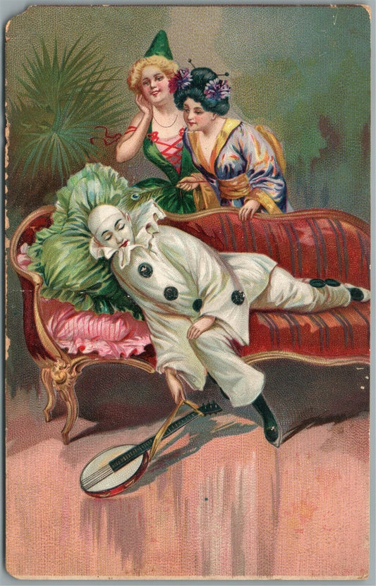 SLEEPING CLOWN w/ MANDOLIN ANTIQUE POSTCARD