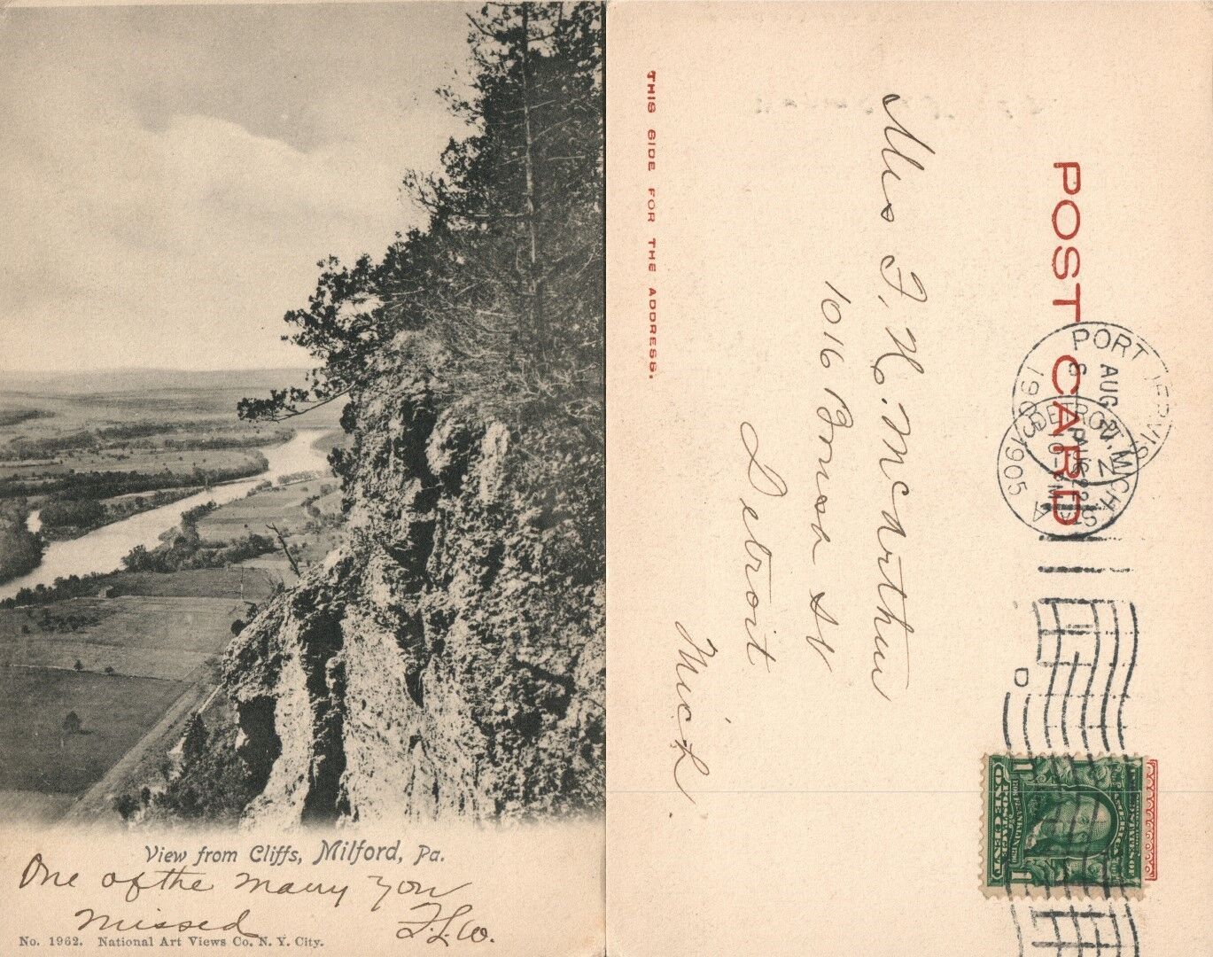 MILFORD PA VIEW FROM CLIFFS 1905 UNDIVIDED ANTIQUE POSTCARD
