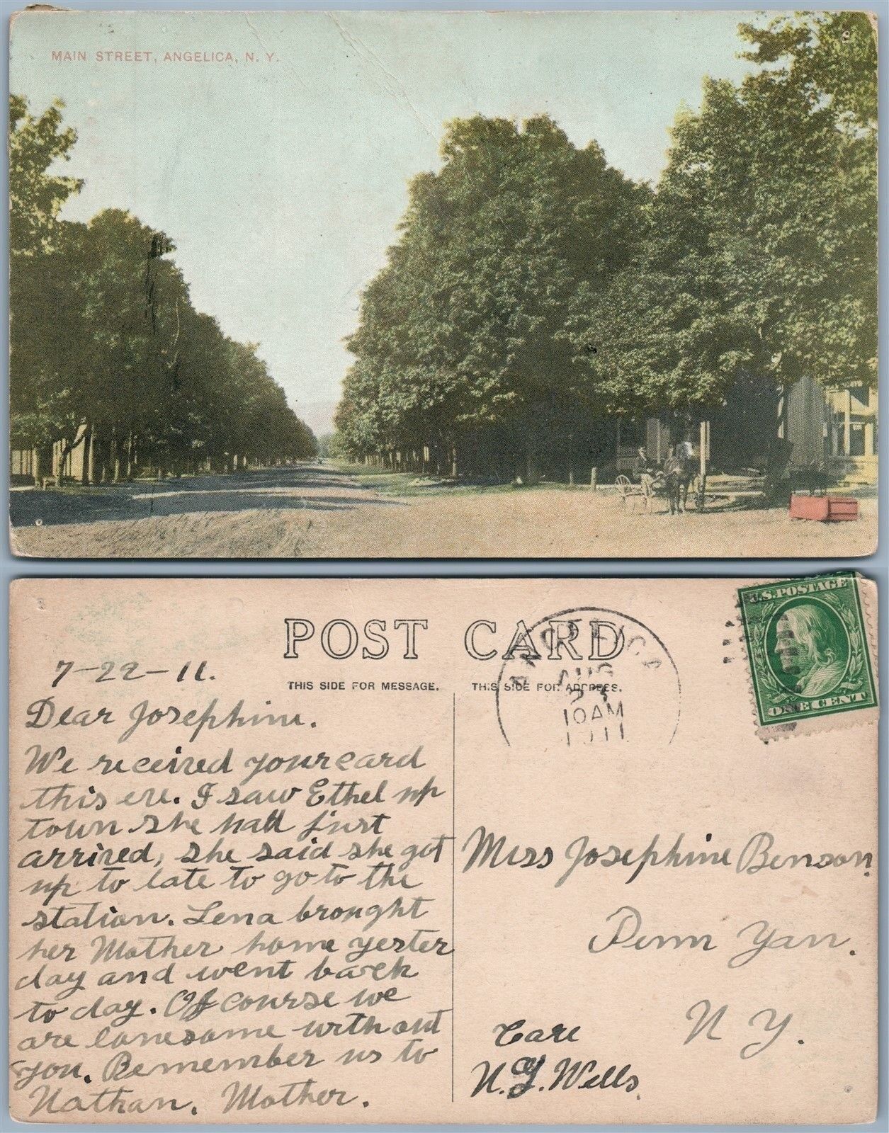 ANGELICA N.Y. MAIN STREET 1911 ANTIQUE POSTCARD
