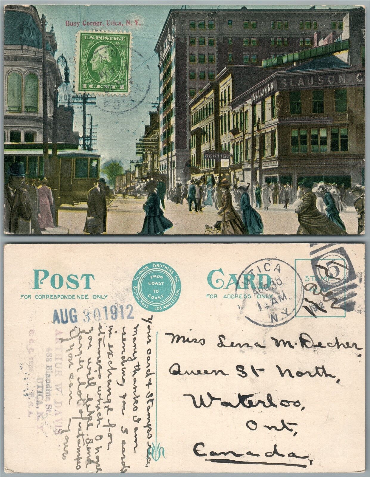 UTICA N.Y. BUSY CORNER 1912 ANTIQUE POSTCARD w/ CORK CANCEL