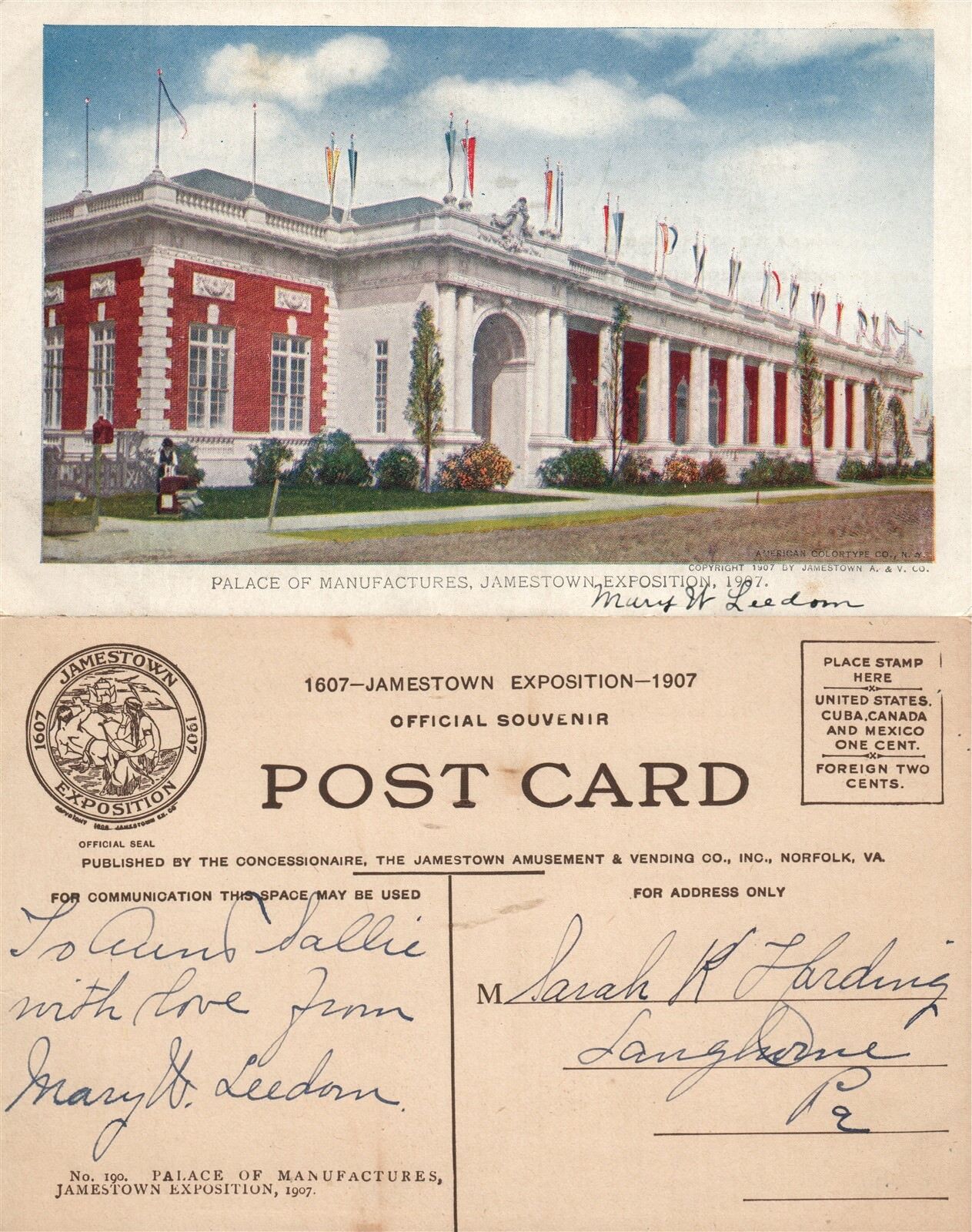 JAMESTOWN EXPOSITION PALACE OF MANUFACTURES 1907 ANTIQUE POSTCARD