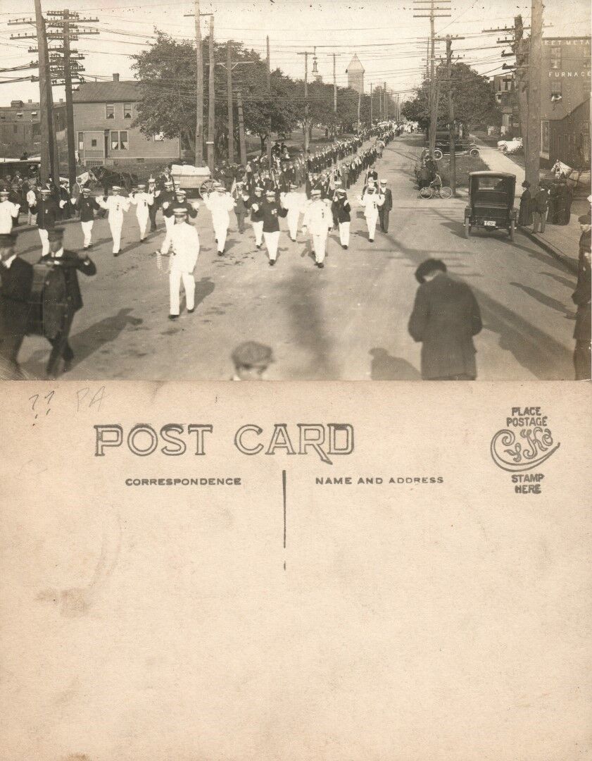 PENNSYLVANIA (?) TOWN STREET PARADE ANTIQUE RPPC REAL PHOTO POSTCARD old autos