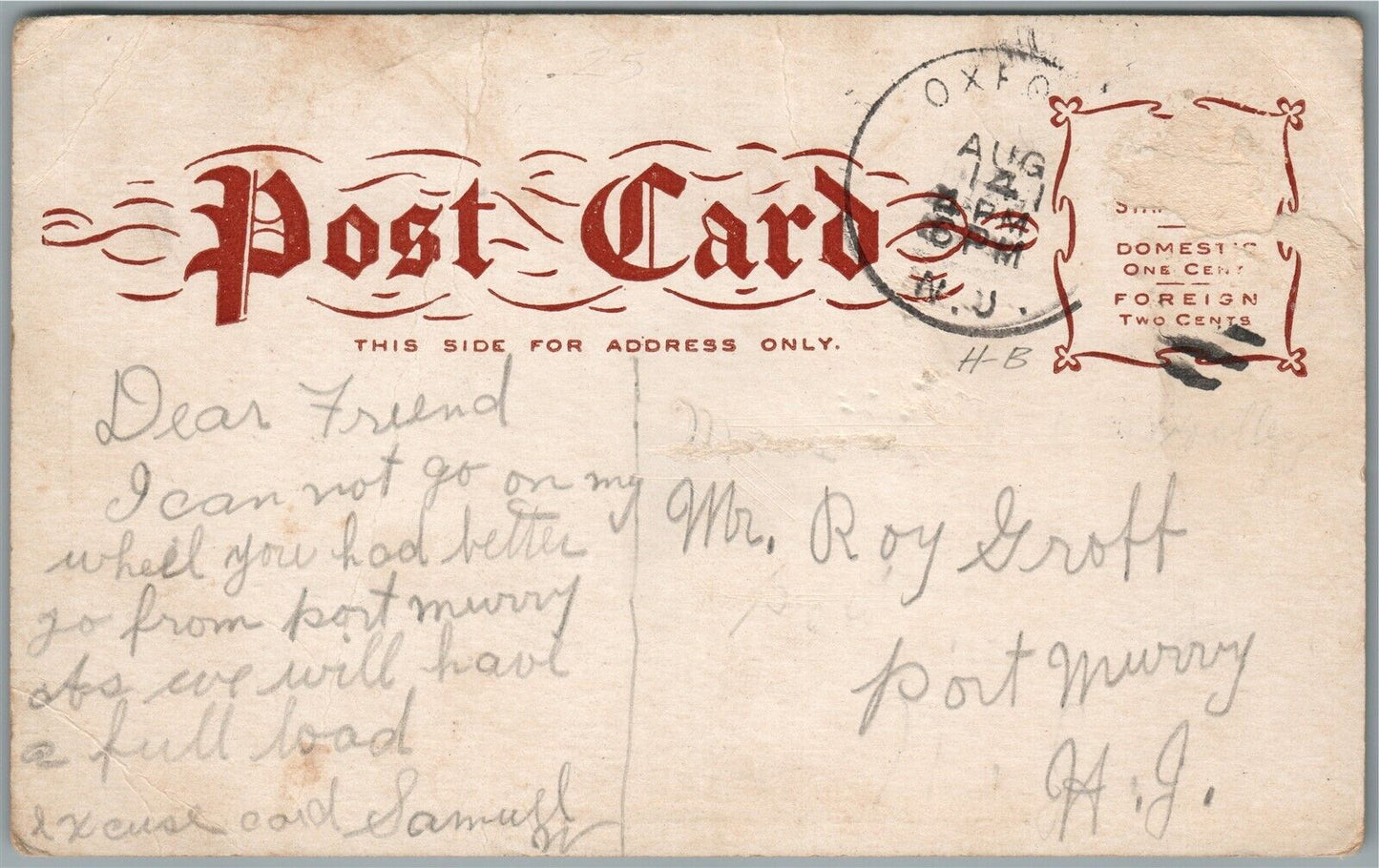 WASHINGTON NJ FORD'S FURNITURE & CARPET HOUSE ANTIQUE POSTCARD