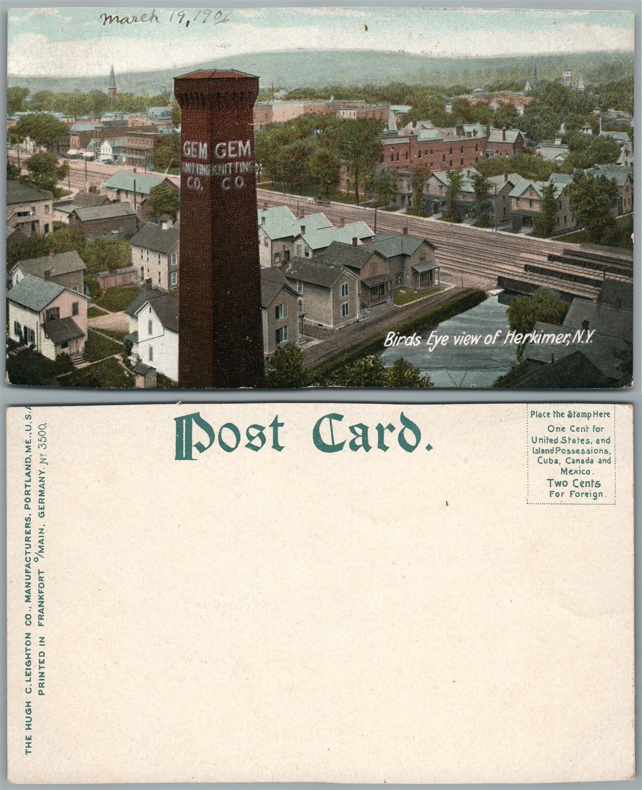 HERKIMER N.Y. BIRD'S EYE VIEW UNDIVIDED ANTIQUE POSTCARD