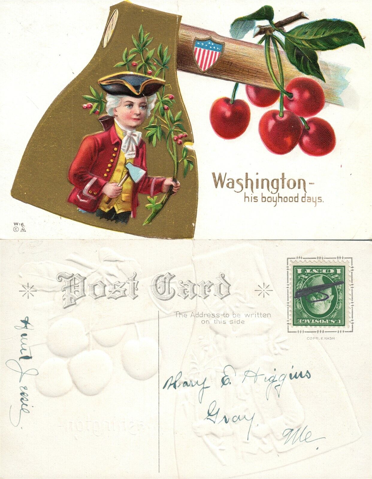 PATRIOTIC ANTIQUE EMBOSSED POSTCARD WASHINGTON'S BOYHOOD DAYS