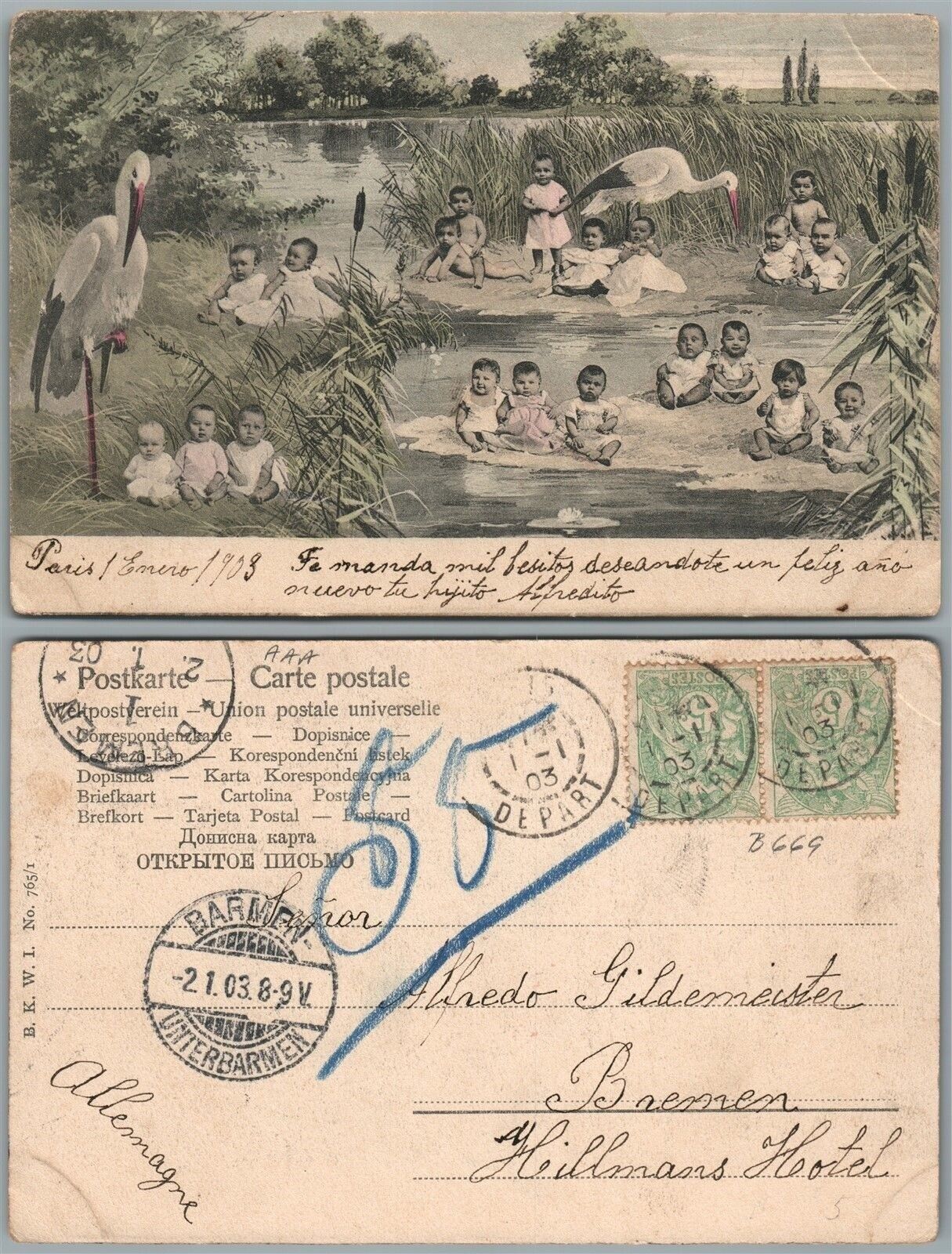 NEWBORN KIDS w/ STORKS ANTIQUE FRENCH POSTCARD w/ STAMPS multi babies