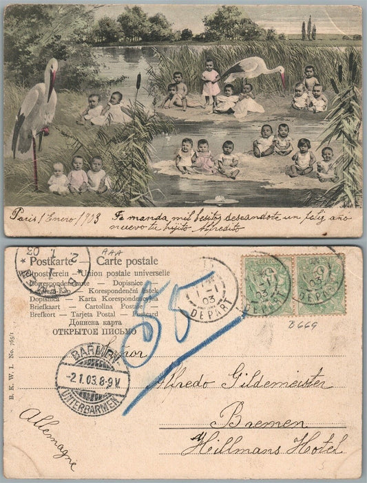 NEWBORN KIDS w/ STORKS ANTIQUE FRENCH POSTCARD w/ STAMPS multi babies