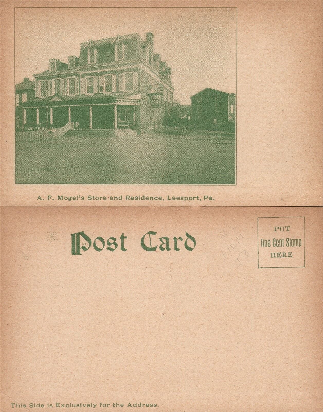 LEESPORT PA AF.MOGEL'S STORE & RESIDENCE UNDIVIDED ANTIQUE POSTCARD