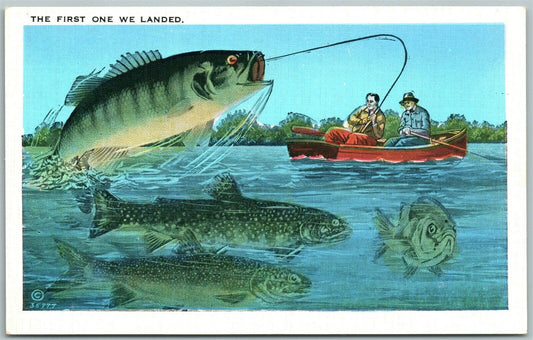 EXAGGERATED FISHING ANTIQUE POSTCARD FIRST ONE WE LANDED
