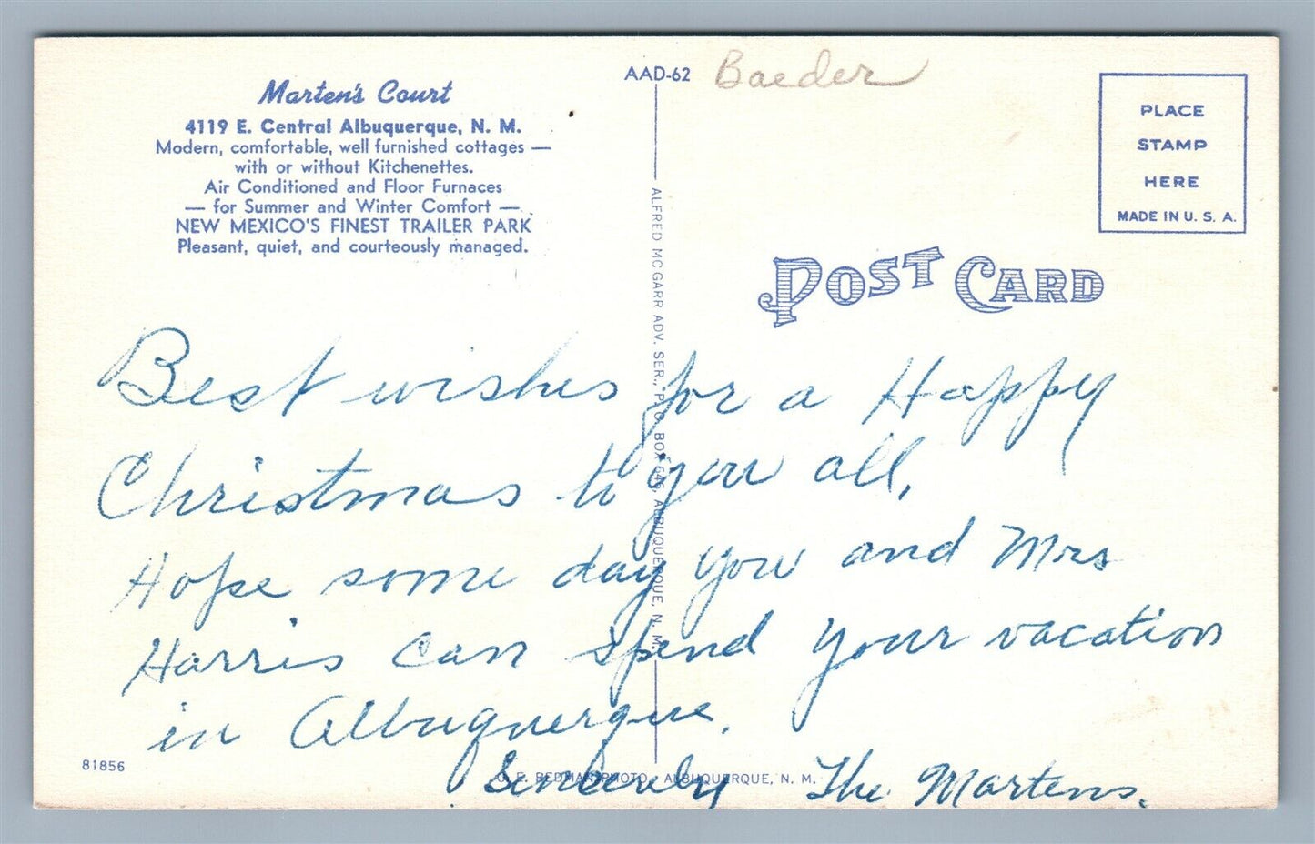 ALBUQUERQUE NM MARTEN'S TOURIST & TRAILER COURT VINTAGE POSTCARD
