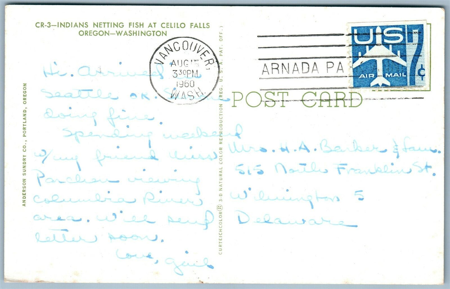 AMERICAN INDIANS NETTING FISH CELILO FALLS OREGON WASHINGTON VINTAGE POSTCARD