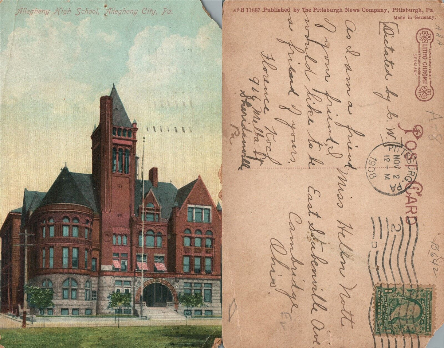 ALLEGHENY CITY HIGH SCHOOL 1908 ANTIQUE POSTCARD